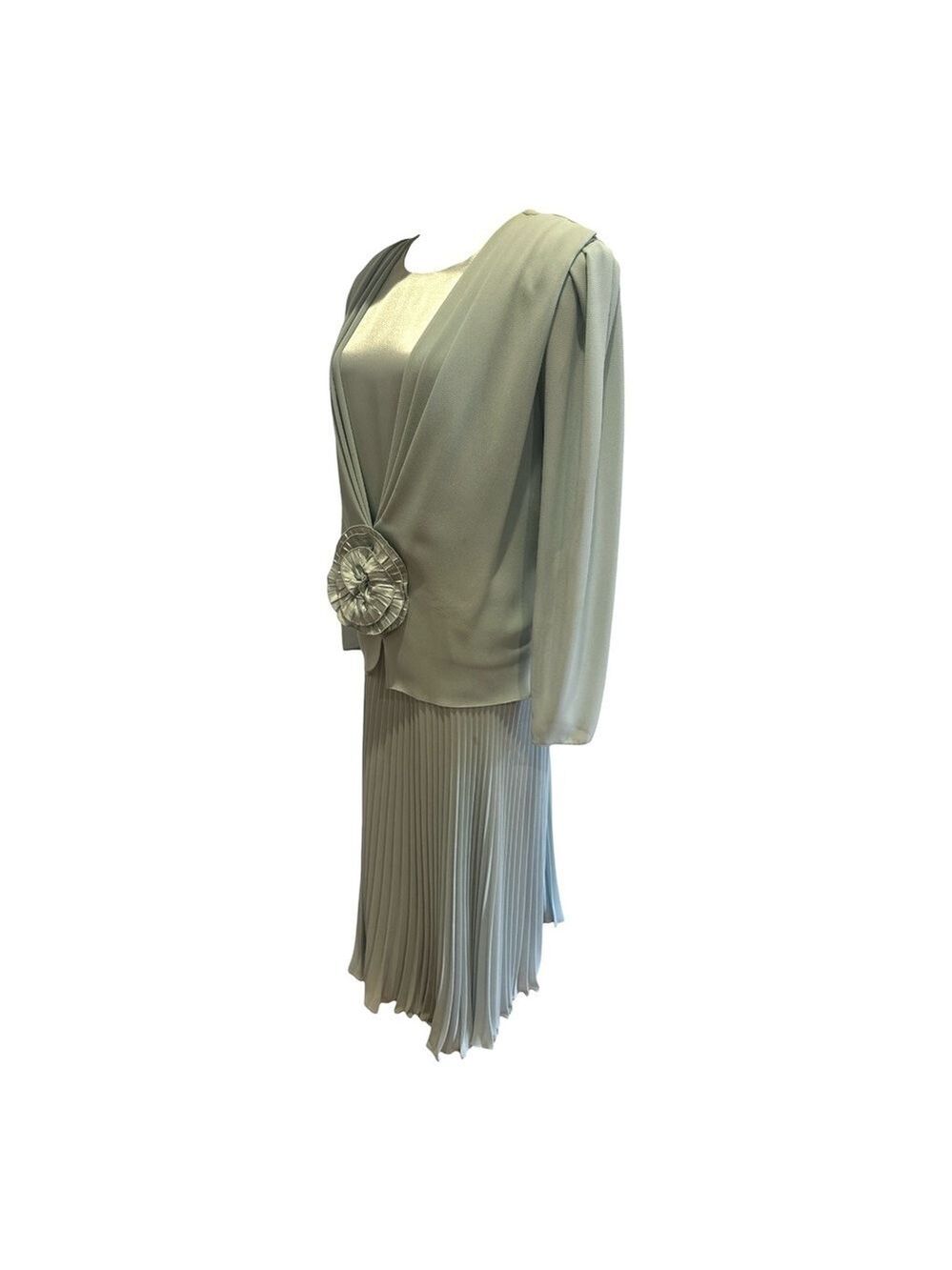 80s URSULA OF SWITZERLAND BLUE CHIFFON & SATIN DRESS W MICRO PLEAT SKIRT SZ 14W - Picture 5 of 7